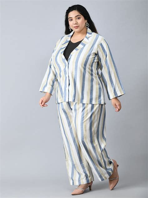 Plus Size Formal White & Blue Striped Co-ord Set – DESINOOR.COM
