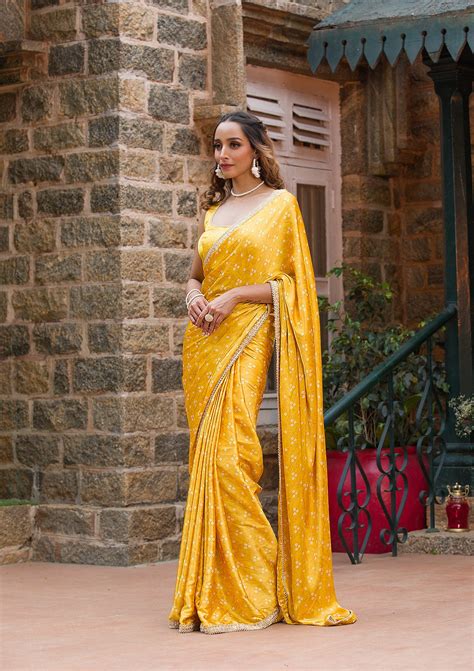 Buy Yellow Bandhani Satin Saree - Koskii
