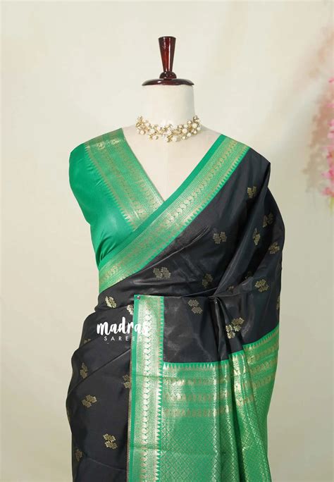 Jet Black with Green - Thendral - Kanchi Semi Silk Saree with Mango Bo ...