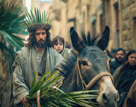 A cinematic movie still of Jesus riding on donkey in ancient Jerusalem ...
