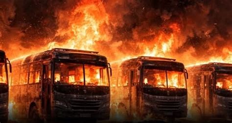 7 passenger Buses damaged in a late-night fire incident at a bus stand ...