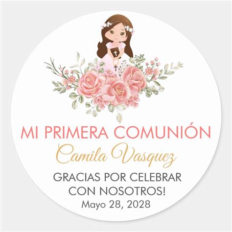 Cute Pink Roses in Spanish First Communion Classic Round Sticker ...