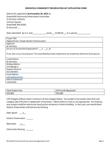 Fillable Online greenfield community preservation act application form ...