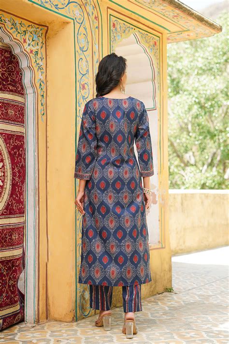 Blue Rayon Blend Ethnic Motifs Printed Straight Kurta Trousers With Du ...