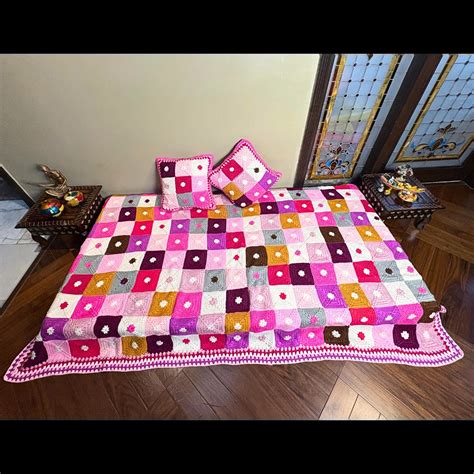 Handmade Pink & Purple Floral Granny Square Bedspread Set ...