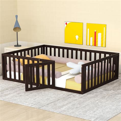 Amazon.com: Queen Size Floor Bed with Fence and Door, Kids Montessori ...