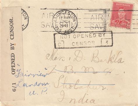 1941 AUSTRALIA - INDIA..WW2 LAUNCESTON CENSOR.. [22927] - Mike White UK ...
