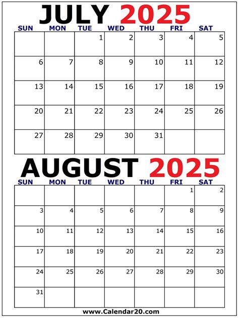 Printable Calendars 2025 July And August
