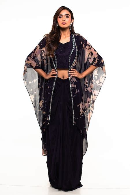 Buy Purple Cape- Georgette Embroidery Pipe Cape Open Tie Dye And Draped ...