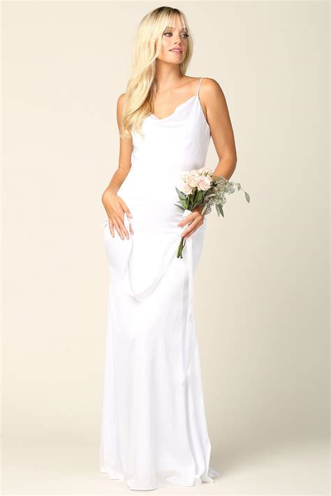 White Simple Spaghetti Strap Satin Long Wedding Dress for $122.99 – The Dress Outlet