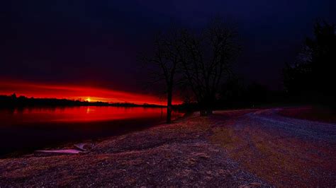 Wallpaper lake, trees, sunset, nature, dark hd, picture, image