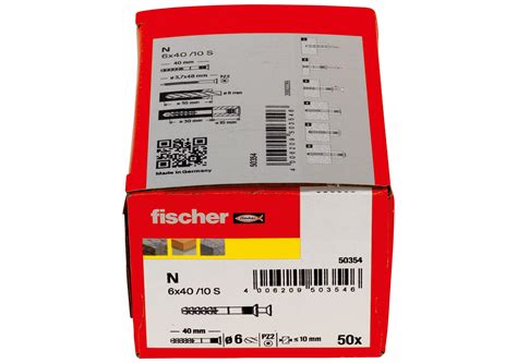 fischer 敲击式框架尼龙锚栓N 6 x 40/10 S 沉头 电镀锌 carton