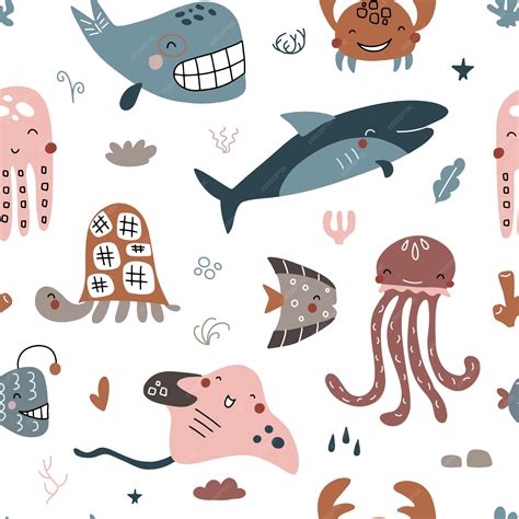 Ładny wektor ocean wzór z morskich stworzeń dla dziewcząt i chłopców ...