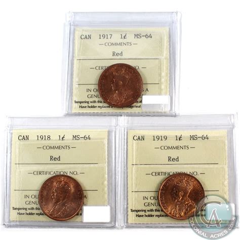 1-cent, 1917, 1918, & 1919 all ICCS Certified MS-64 RED 3pcs.