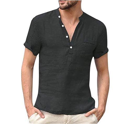 Men Short Sleeve Henley Shirt with Pocket Linen Button Up Stand Collar ...