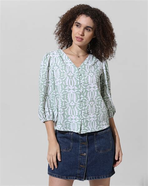 Green Abstract Print Top