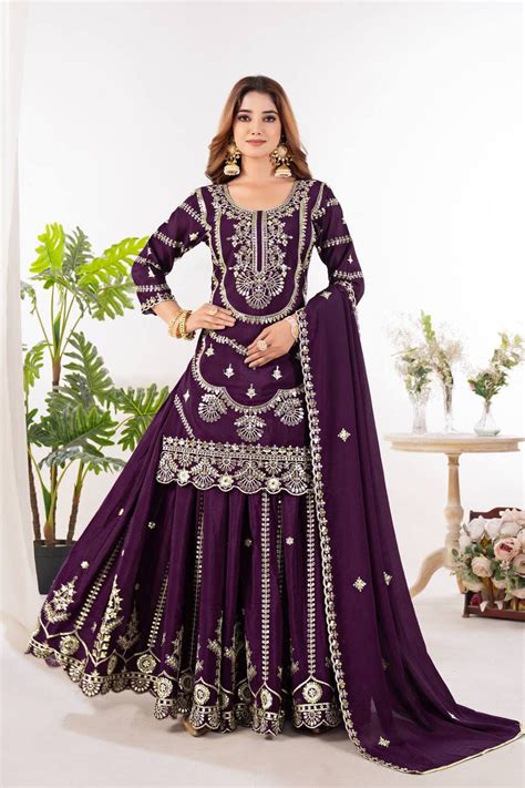 Ceremony Wear Purple Color Pure Chinnon Silk And Embroidery With Codin ...