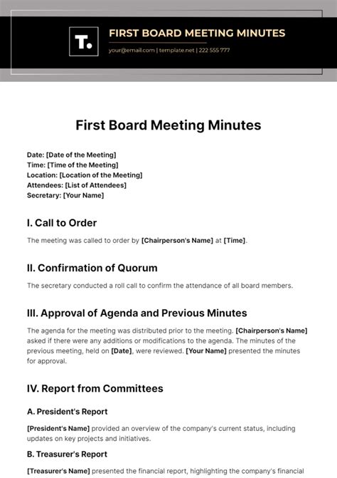 Free First Board Meeting Minutes Template to Edit Online