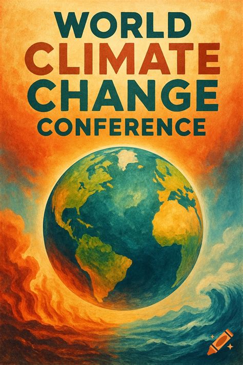 Poster for a climate change conference with text, Earth, sun, and ...