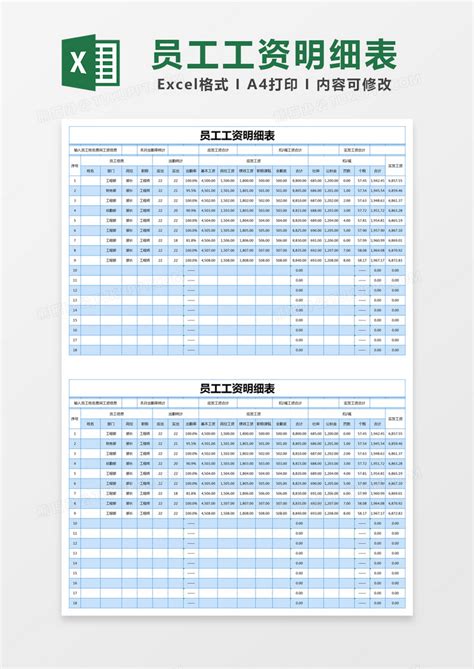蓝色简约员工工资明细表模版Excel模板下载_熊猫办公