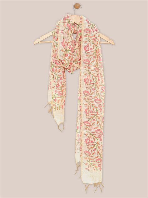 Pink Chanderi Silk Dupatta with block print. Dupatta Bazaar