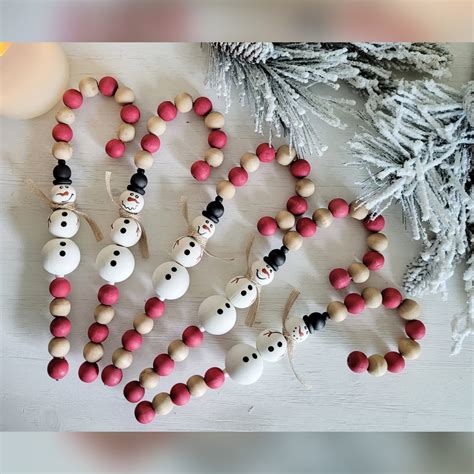 Farmhouse Wood Bead Candy Canes, Wood Bead Snowman Ornaments, Candy ...