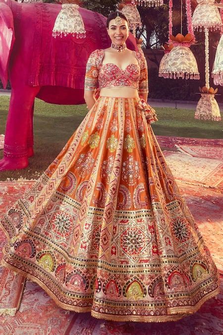 Buy Orange Silk, Chanderi Floral And Peacock Motif Embroidered Lehenga ...
