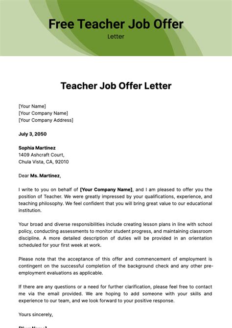 Free Teacher Job Offer Letter Template to Edit Online