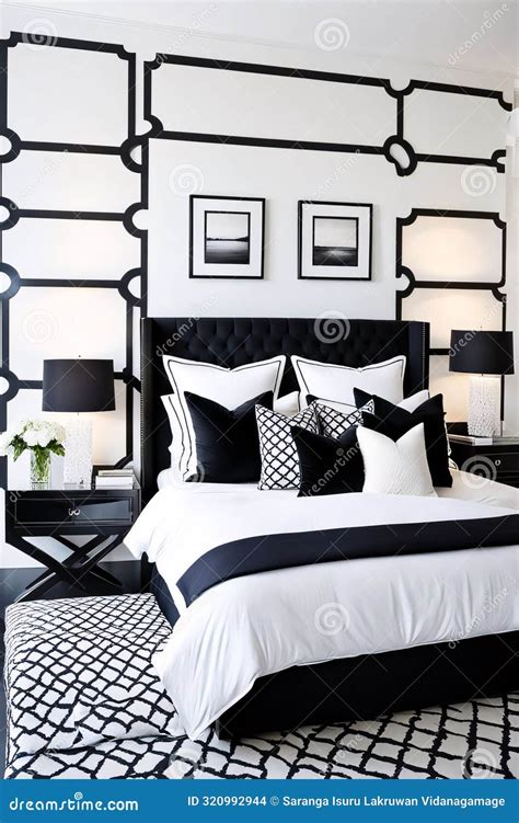 Luxurious Black-and-White Themed Bedroom with Modern Elegance Stock ...