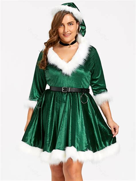 2018 Plus Size Faux Fur Panel Velvet Christmas Party Dress With Hat In ...