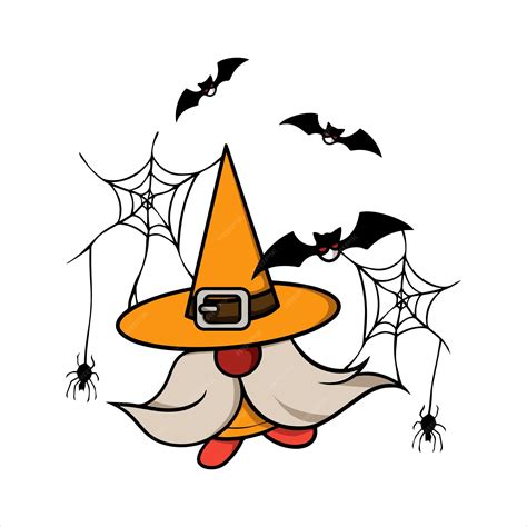 Halloweenowy krasnal w kapeluszu z nietoperzem, pajęczyną i brodą ...