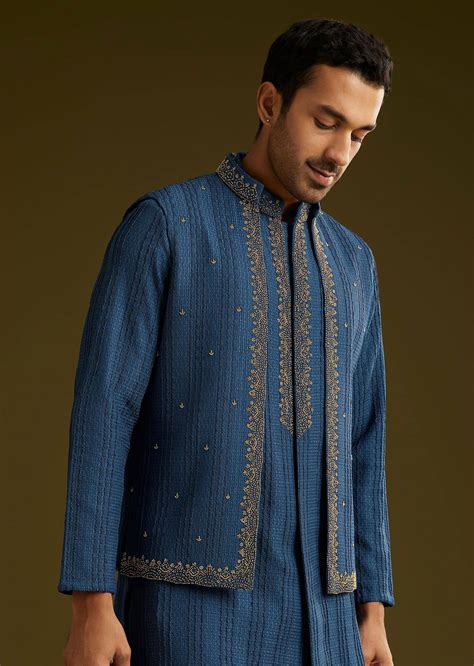 Buy Knit Kurta Jacket Set With Moti Work In Navy Blue| KALKI Fashion India