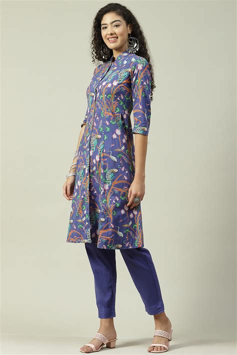 Blue & Purple Printed Cotton Straight Suit Set