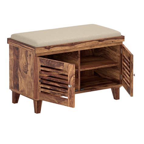 Solid Wood Shoe Rack with Seat & Cabinet Storage for Home in Teak ...