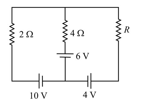 For what value of R in the circuit as shown current passing through 4 Ω ...