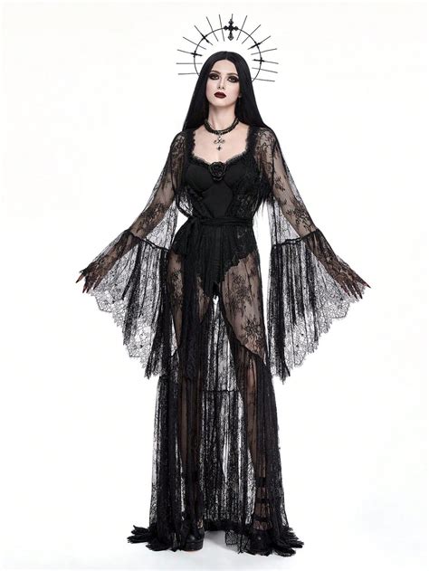 Dark Gothic Heavily Laced Open Front Flare Sleeve Floor-Length Sheer ...