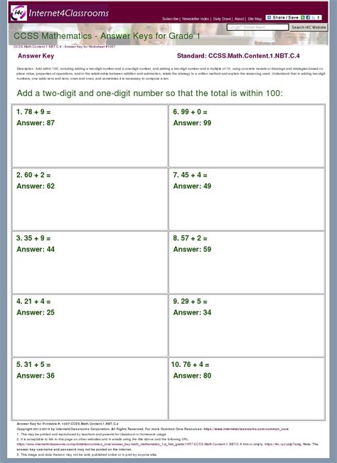 Answer Key Download - Worksheet #1057. CCSS.Math.Content.1.NBT.C.4