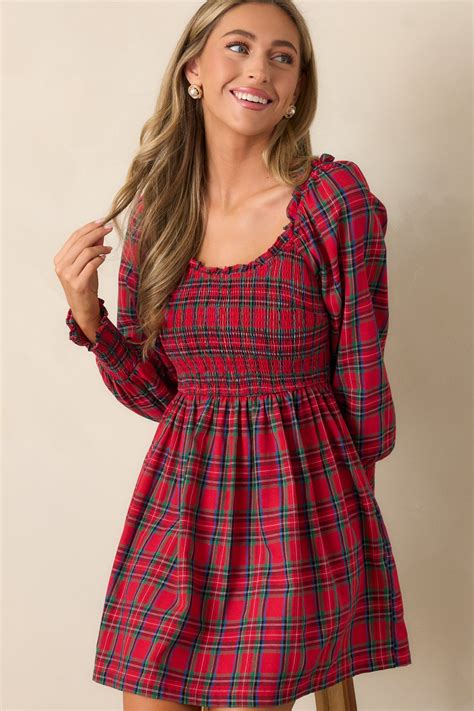 Red Plaid Long Sleeve Mini Dress - All Dresses | Red Dress