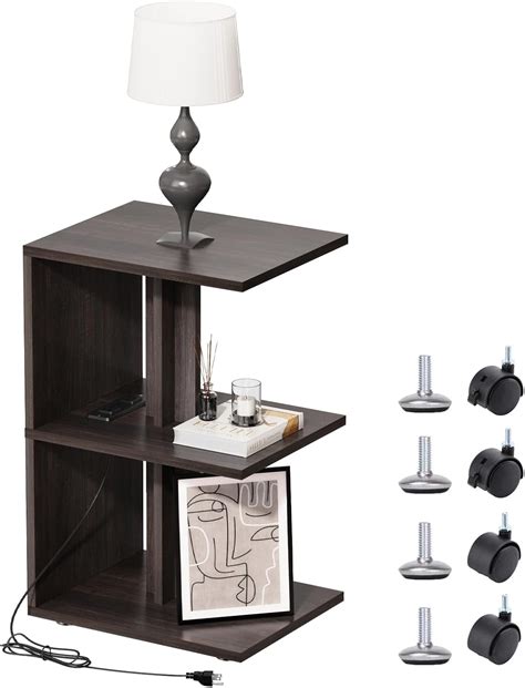 EIGHTNINE Side Table with Charging Station, 3 Tier Narrow Nightstand ...