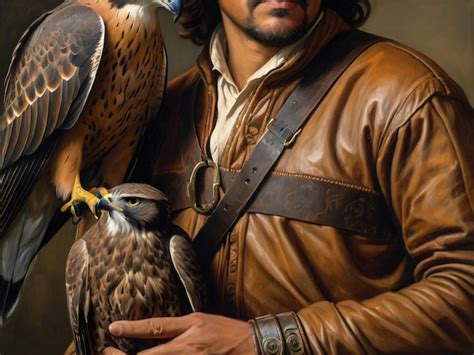 Man holding a falcon, in the centre of a group of people