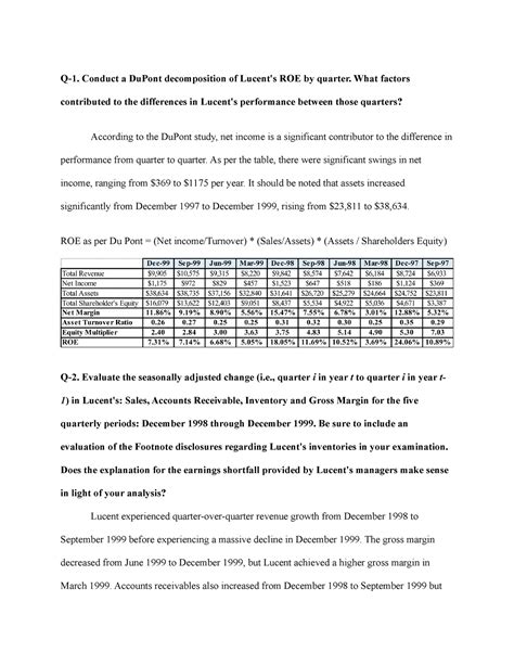 Lucent Case - fddfdfd - Q-1. Conduct a DuPont decomposition of Lucent's ...