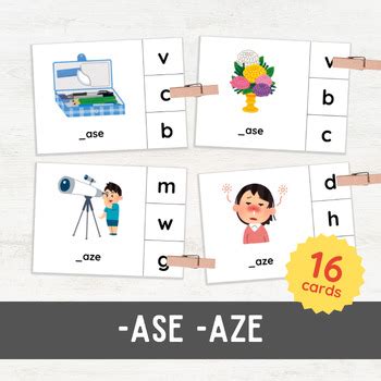 16 ASE AZE Word Family Clip Cards | Long Vowel Phonics Beginning ...