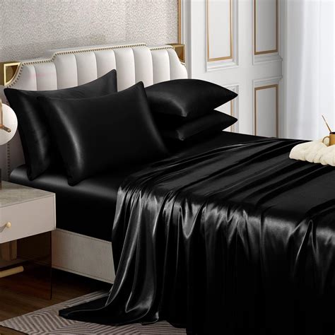 Amazon.com: P Pothuiny 6 Pieces Queen Satin Sheets Luxury Silky Black ...