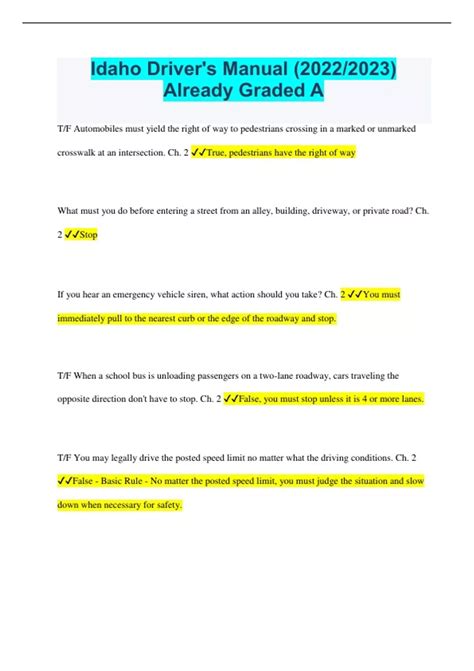 Idaho Driver's Manual (2022/2023) Questions with Correct Answers ...