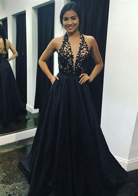 A-line Halter Plunging Sleeveless Floor-Length Charmeuse Black Prom Dr ...