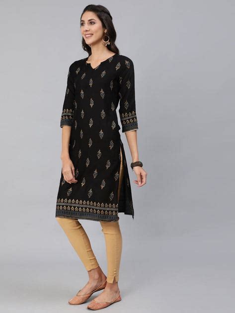 Women Black & Gold Printed Straight Kurta With Three Quarter Sleeves ...