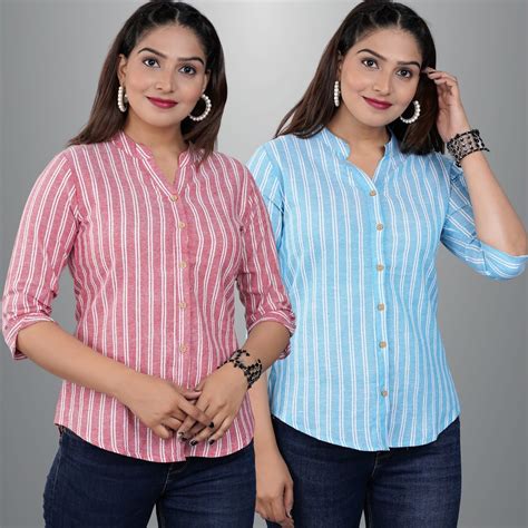Pack Of 2 Womens Pink And Turquoise Mangoline Striped Casual Shirt – QuaClo