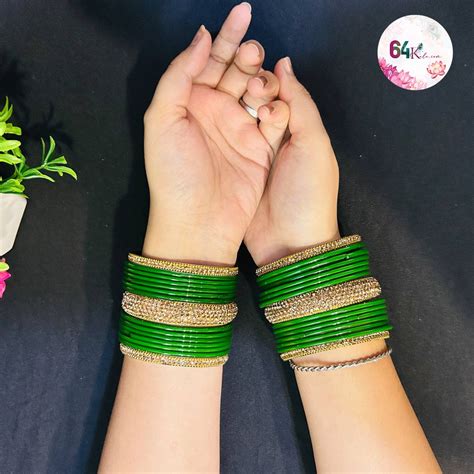 Green and Gold Stone-Studded Bangles – 64kala