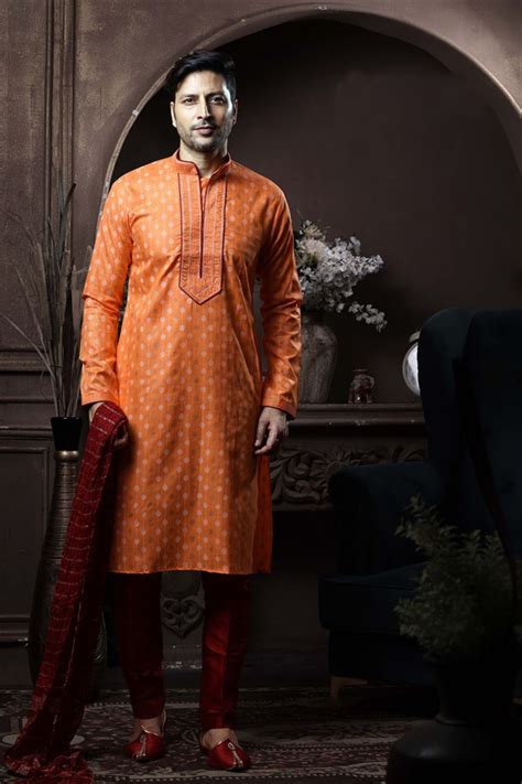 Buy Orange Color Cotton Fabric Festive Wear Trendy Readymade Kurta Pyjama