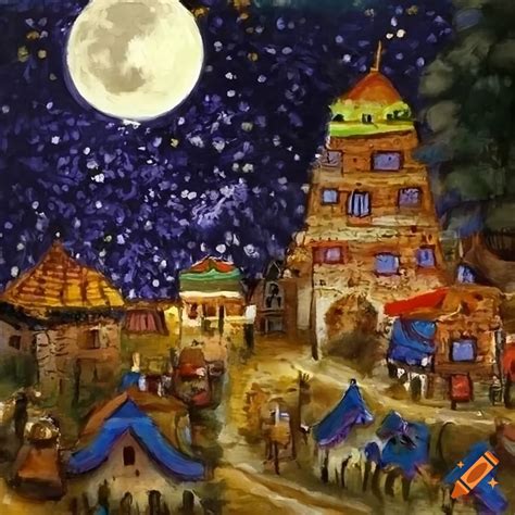 Naive art village under moonlight on Craiyon